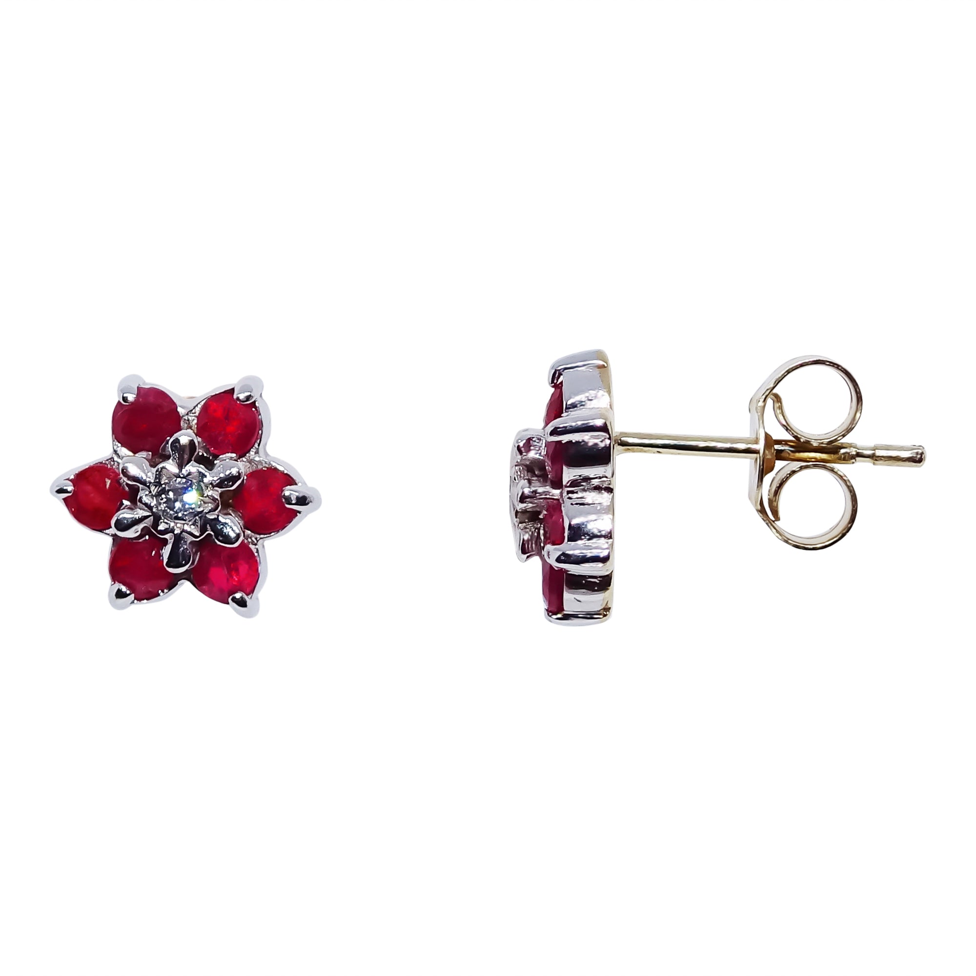 9ct gold 2.20mm ruby & diamond flower cluster stud earrings