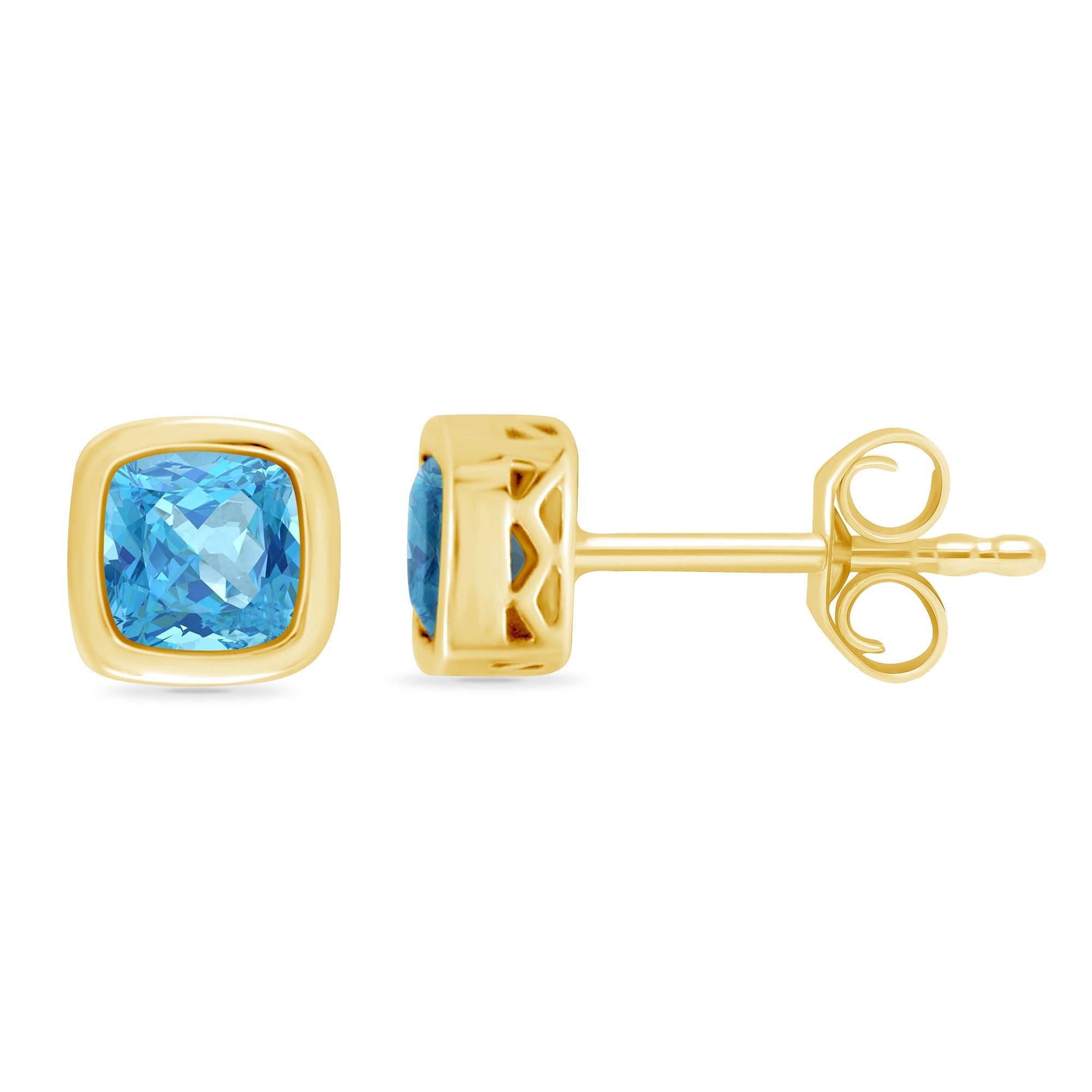9ct gold 5mm cushion shape rub over set blue topaz stud earrings