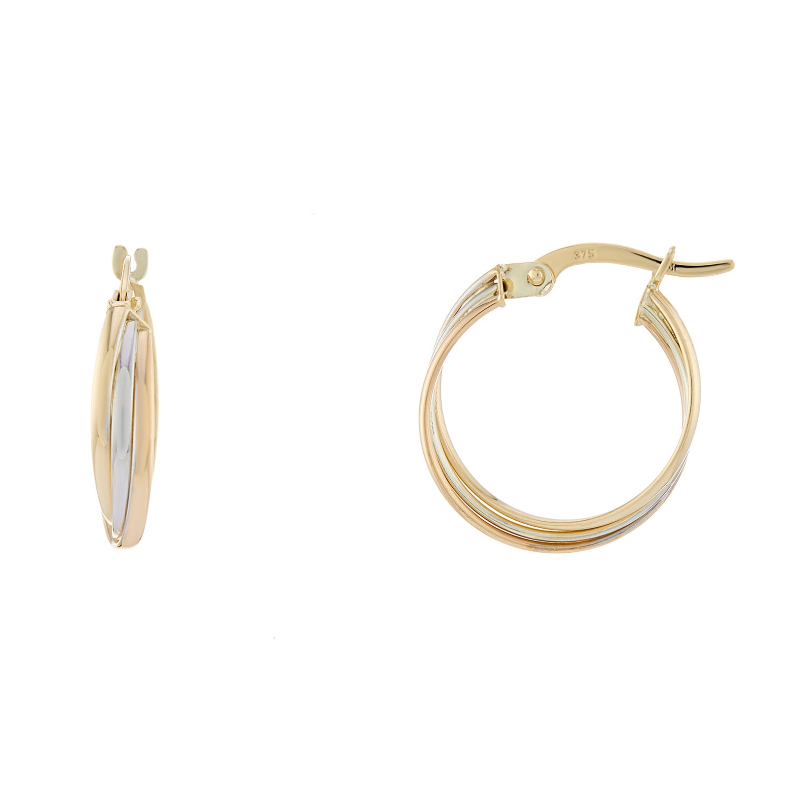 9ct three colour gold 15mm hoop earrings