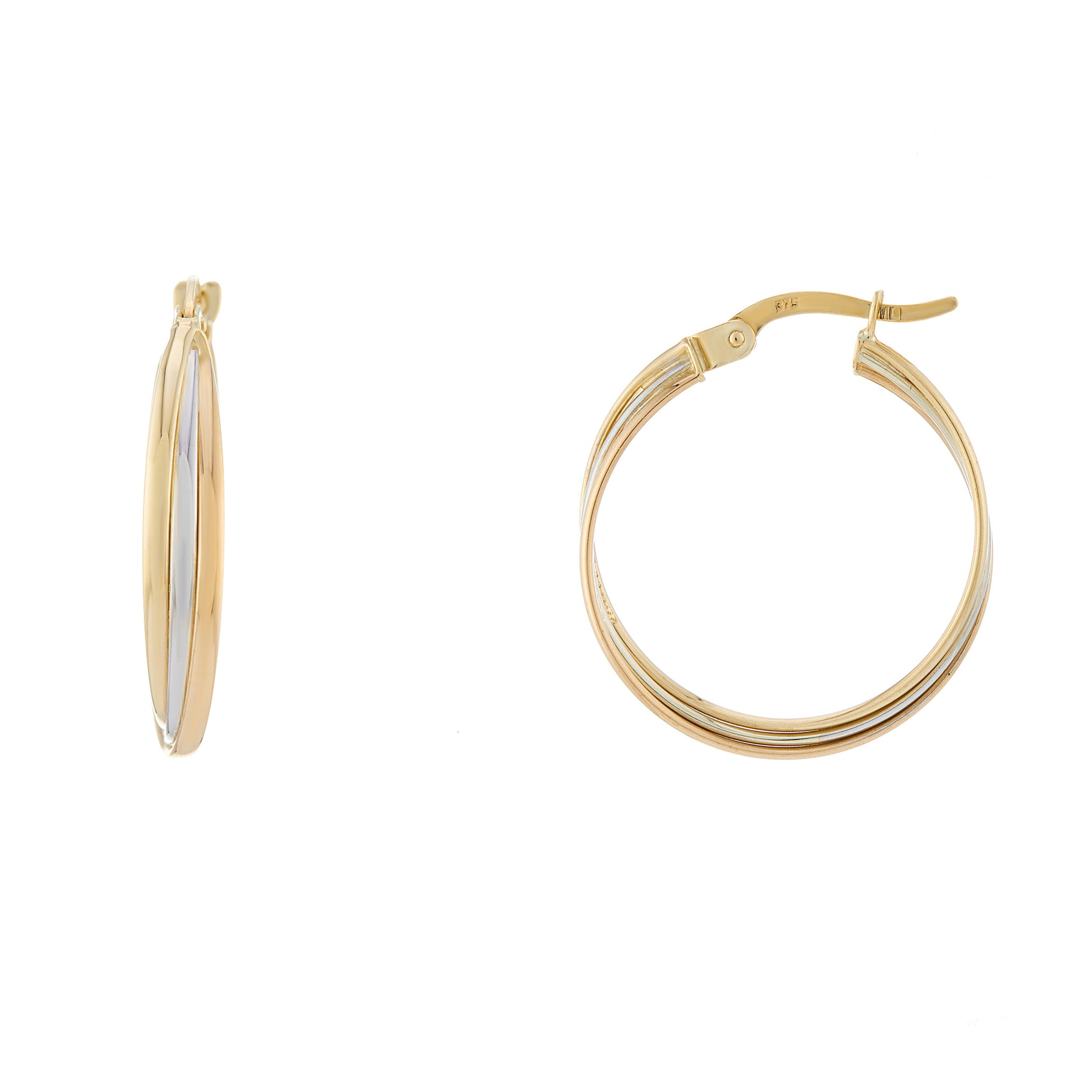 9ct three colour gold 20mm hoop earrings