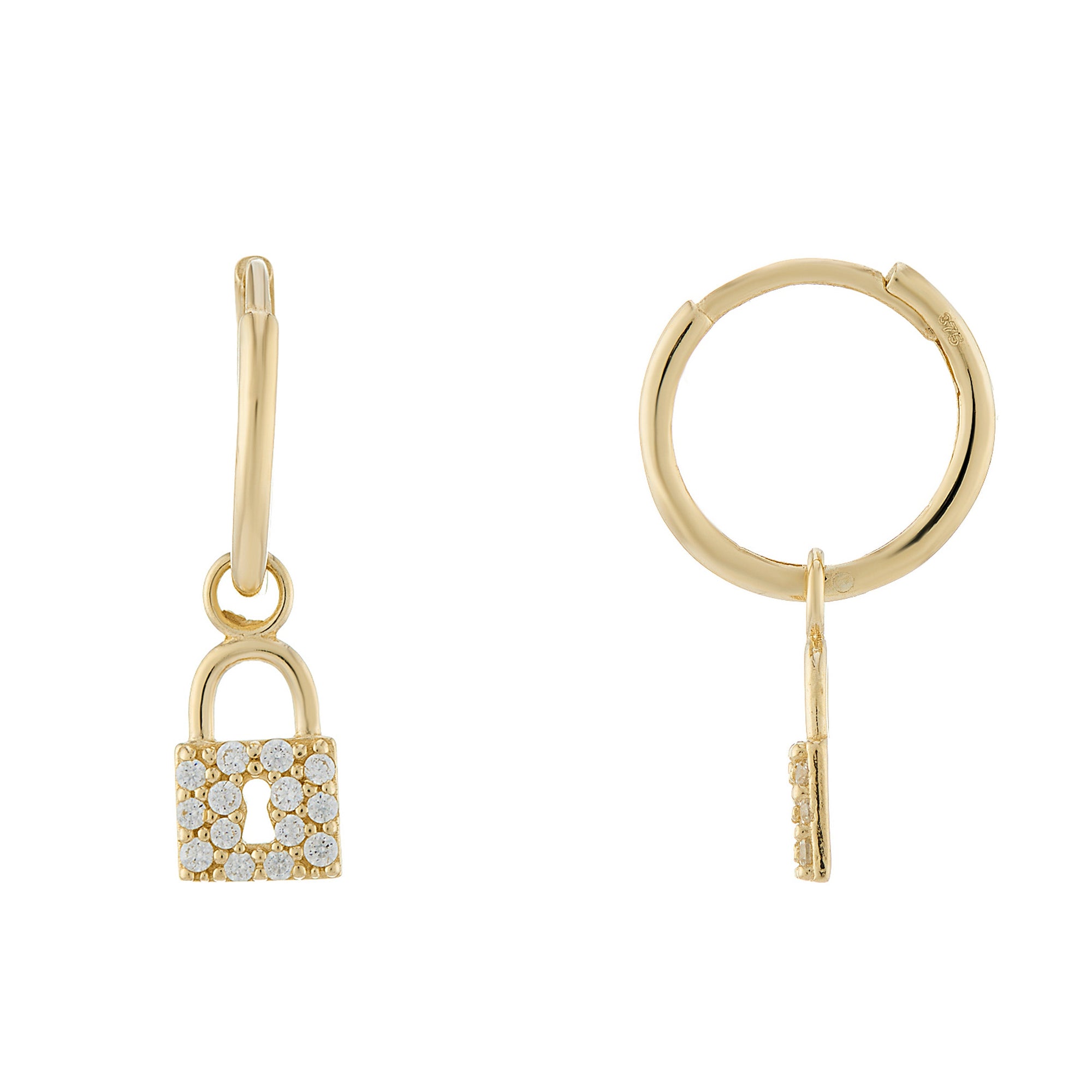 9ct gold hoop earrings with cz padlock drop
