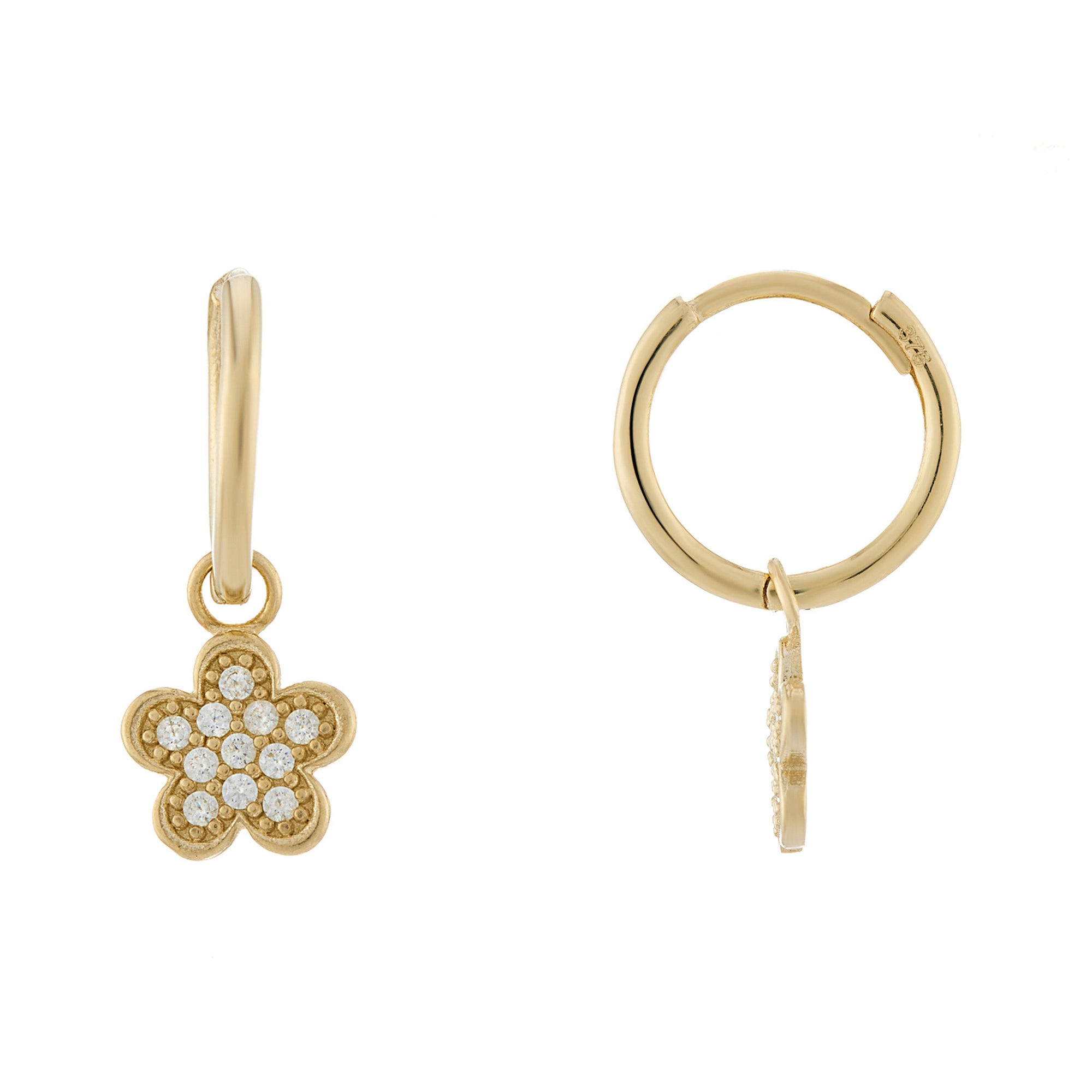 9ct gold hoop earrings with cz flower drop