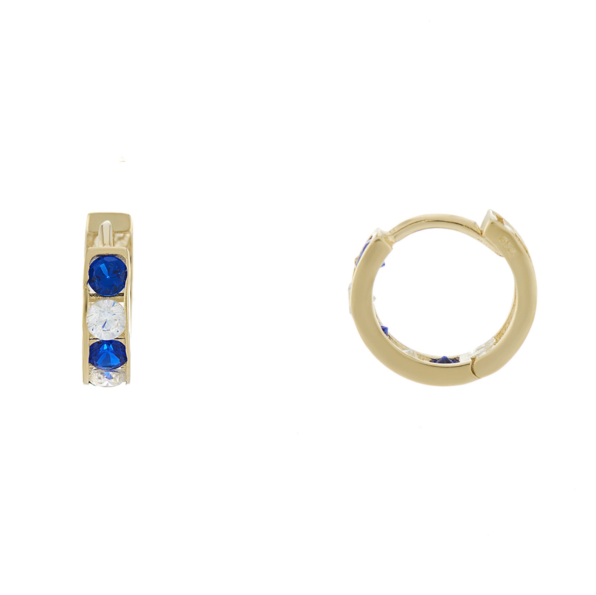 9ct gold 2.75mm x 7.50mm blue & white cz hoop earrings