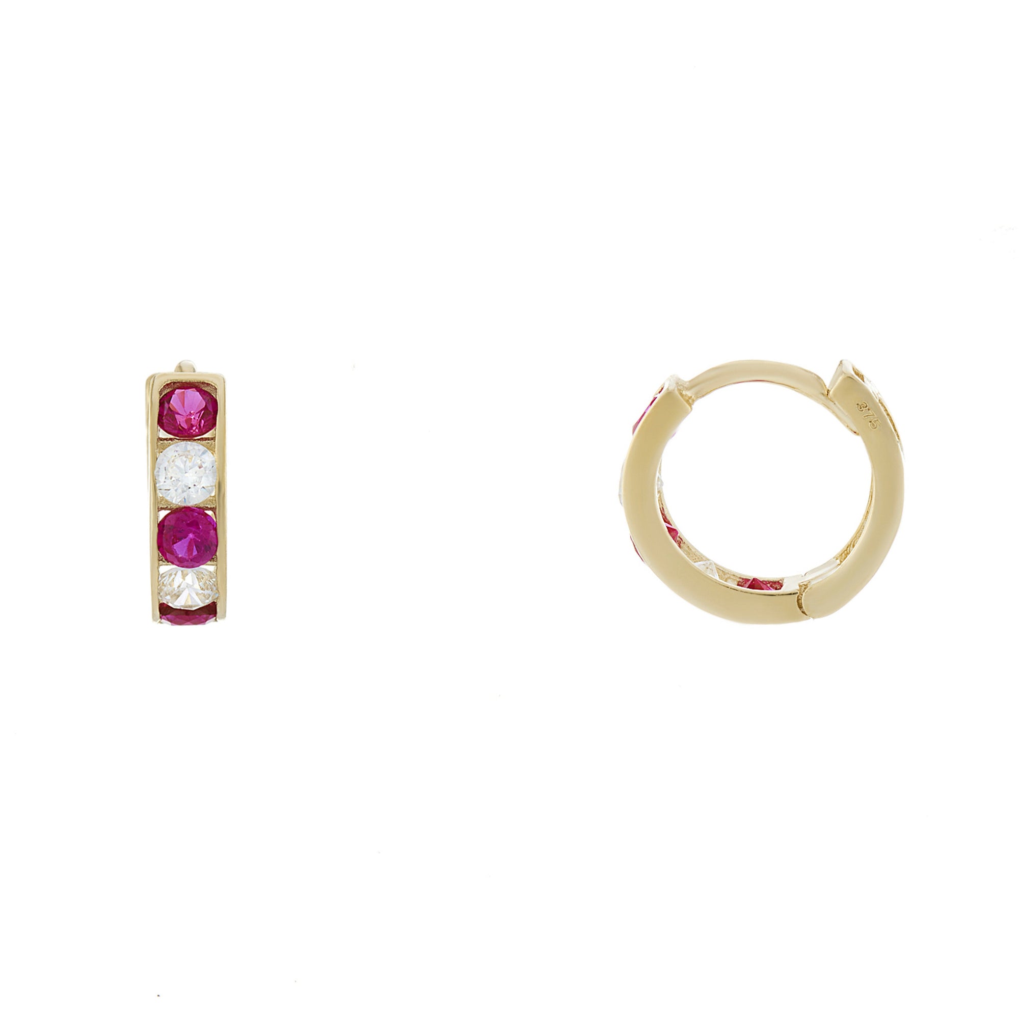 9ct gold 2.75mm x 7.50mm red & white cz hoop earrings