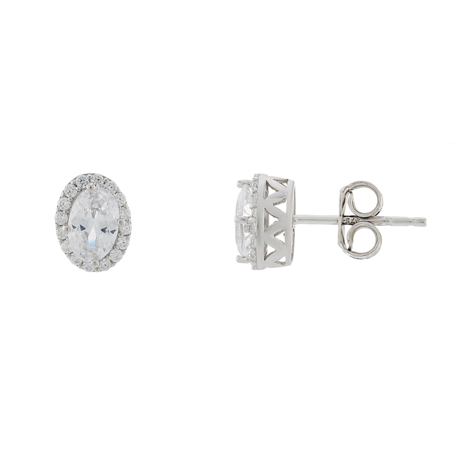 9ct white gold oval cz & cz cluster stud earrings