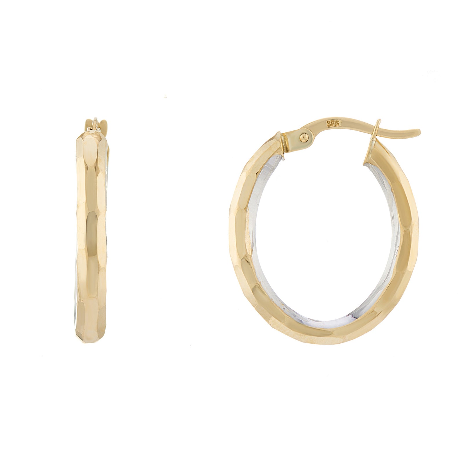9ct gold 14mm x 18mm diamond cut hoop earrings with inside rhodiumed