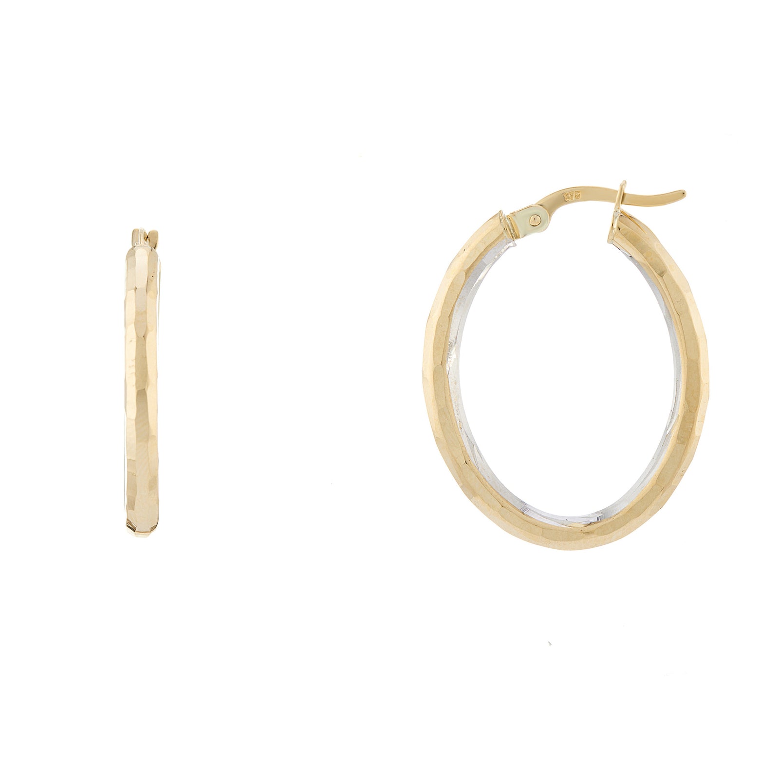 9ct gold 16mm x 20mm diamond cut hoop earrings with inside rhodiumed