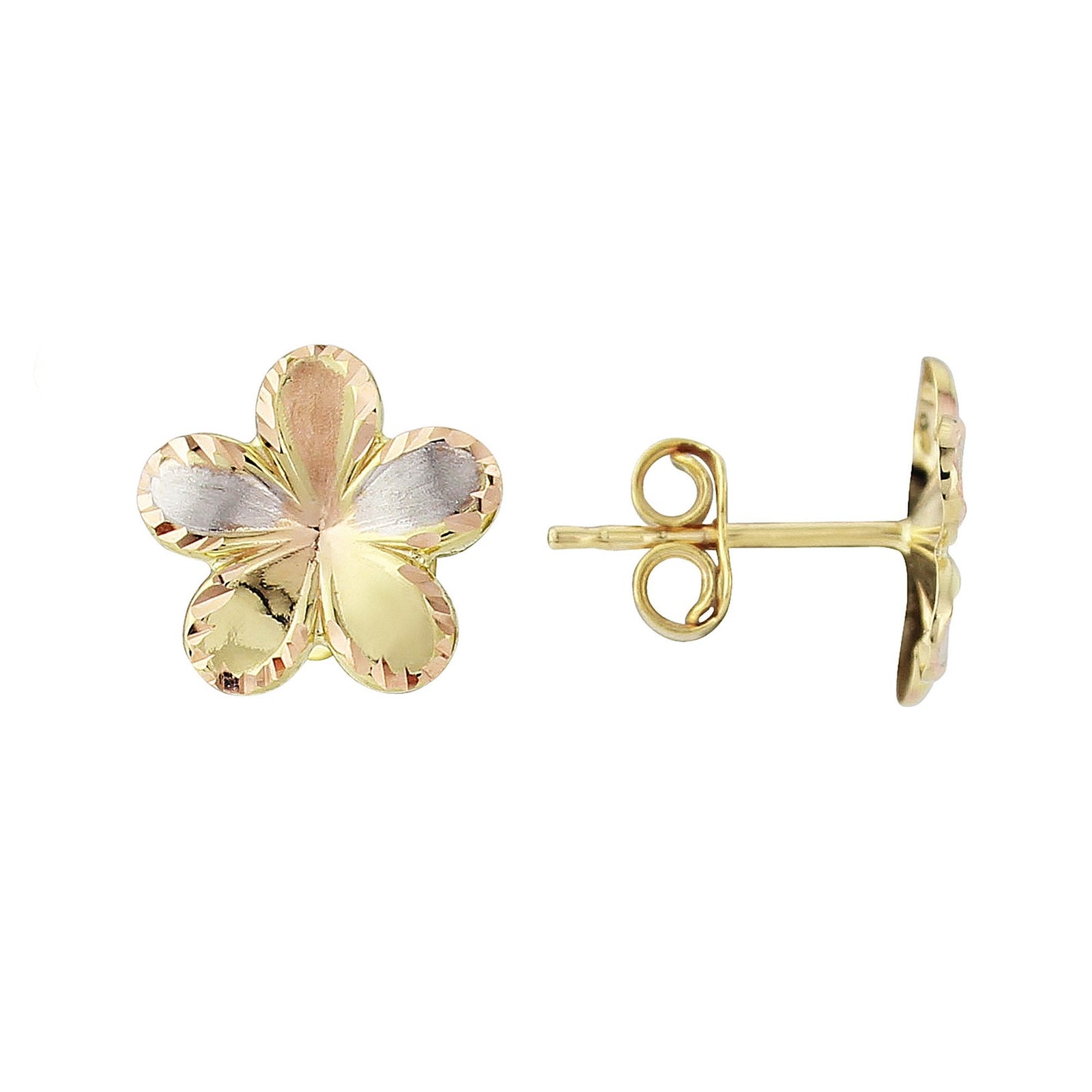 9ct gold 3 colour diamond cut petal stud earrings