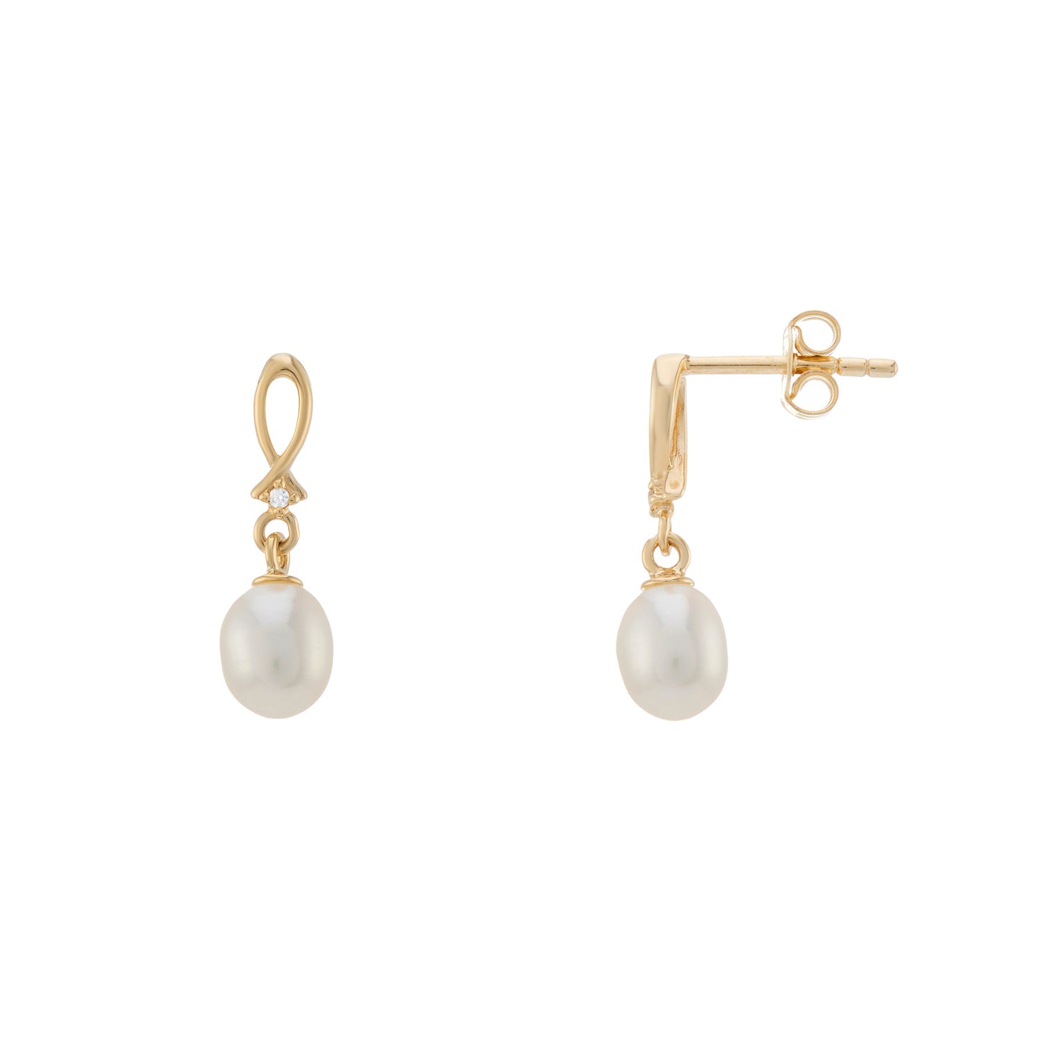 9ct gold freshwater pearl & cz drop earrings