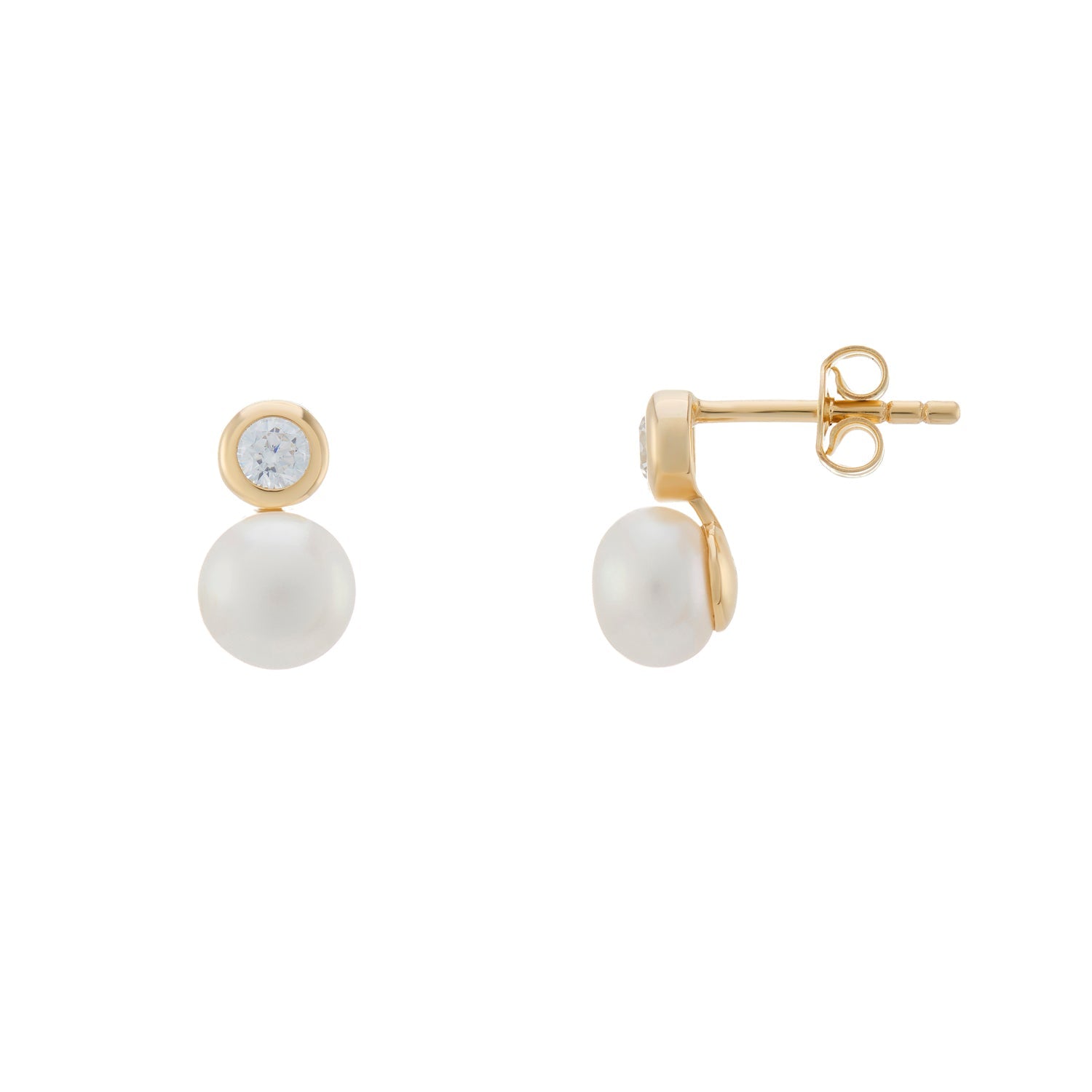 9ct gold freshwater pearl & rub over set cz stud earrings