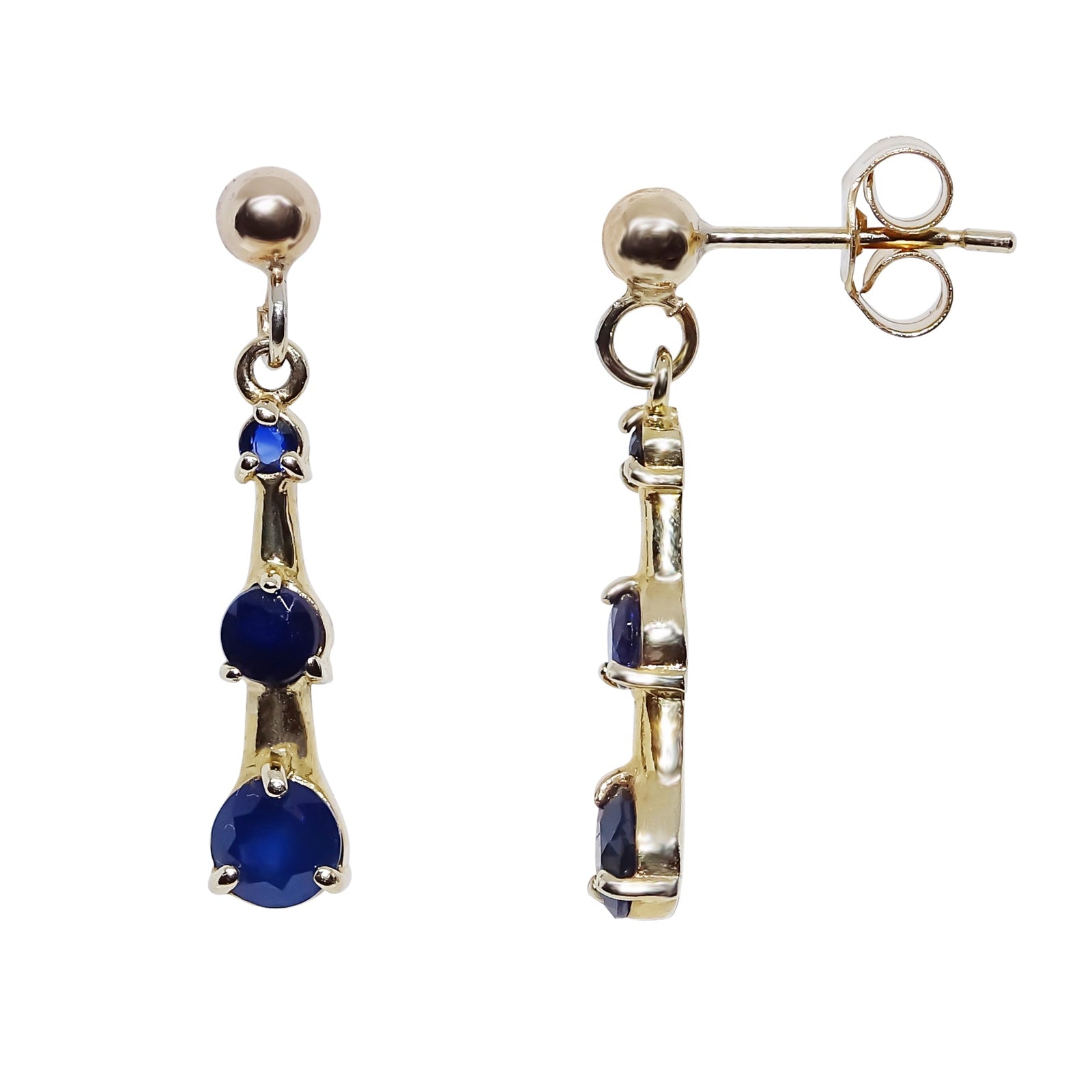 9ct gold triple round sapphire (2,3 & 4mm) drop earrings