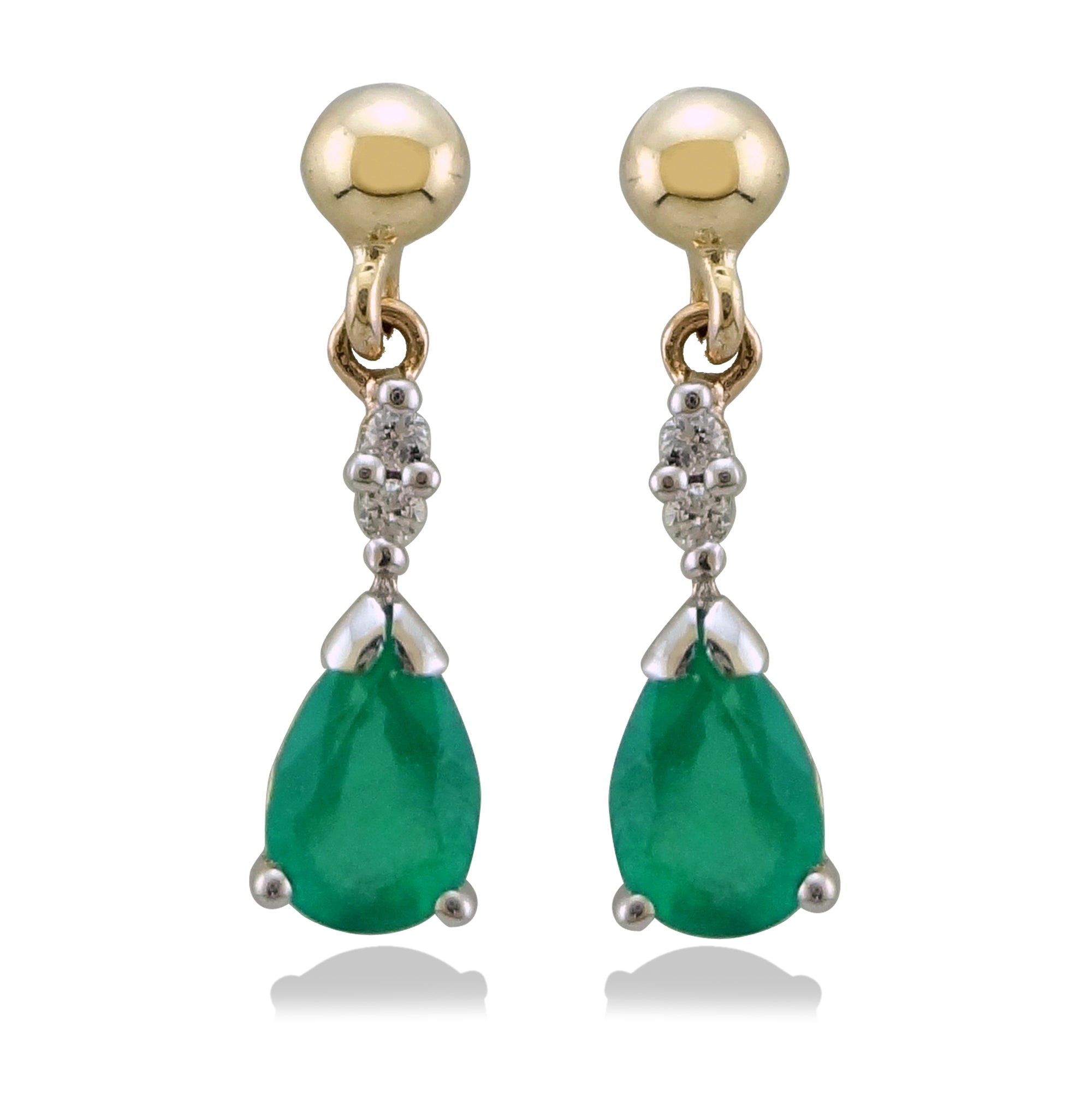 9ct gold 6x4mm pear shape emerald & diamond drop earrings 0.04ct