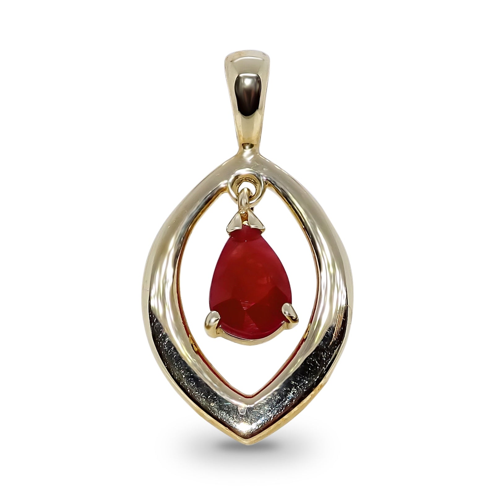 9ct gold 7x5mm pear shape swinging ruby pendant