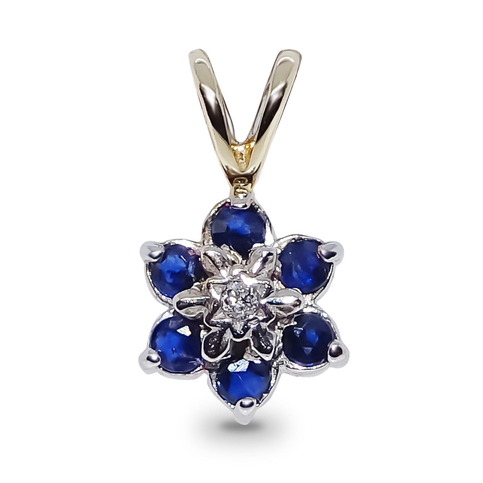 9ct gold 2.20mm round sapphire & diamond flower cluster pendant