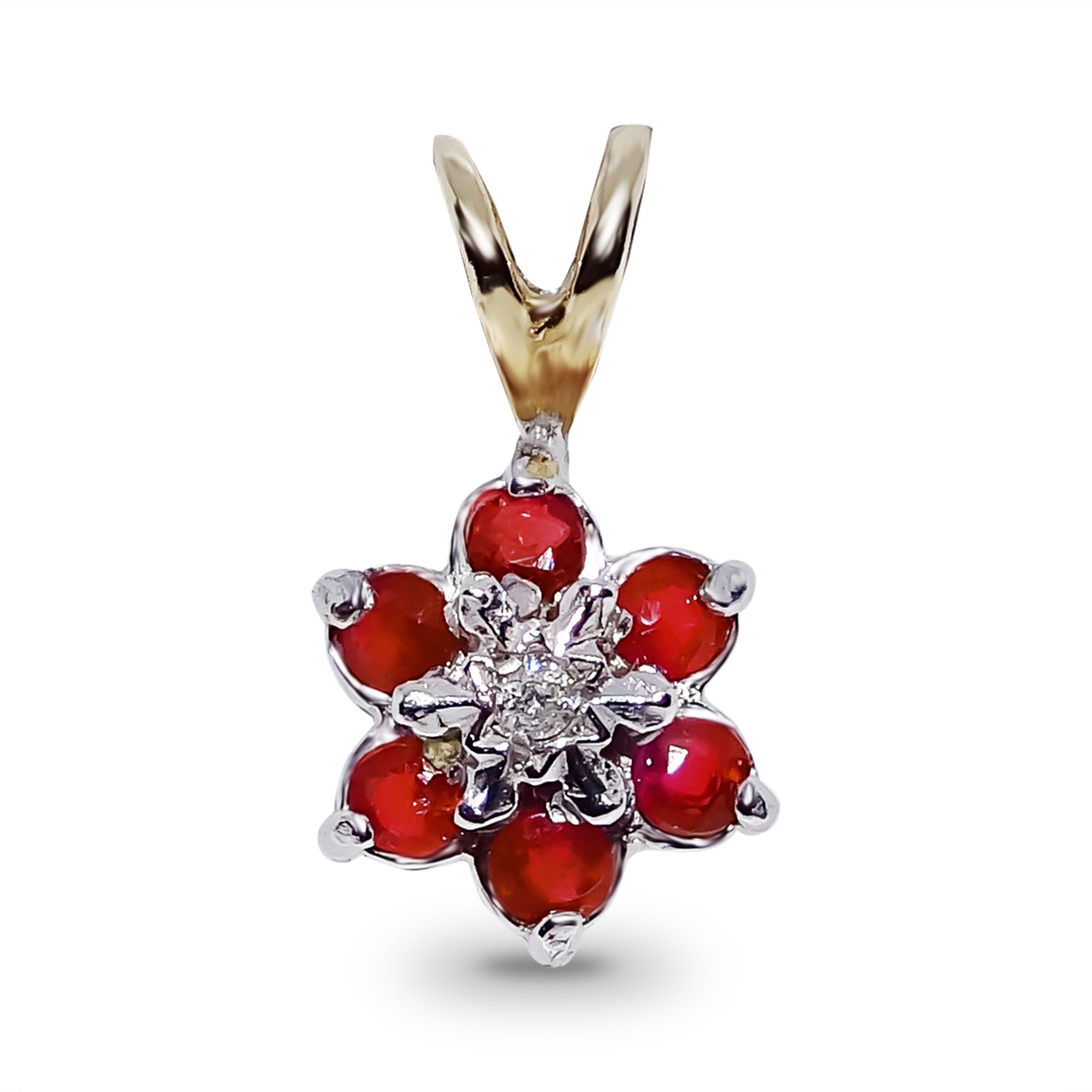 9ct gold 2.20mm round ruby & diamond flower cluster pendant