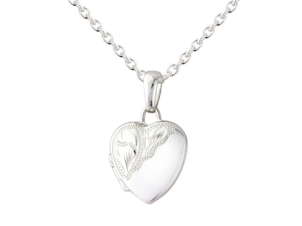 silver half engraved 13mm heart locket & 18" chain