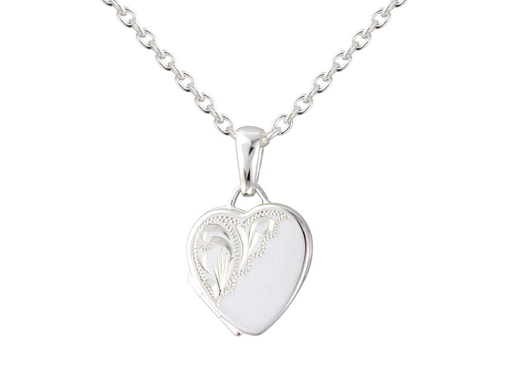 silver half engraved 13mm heart flat locket & 18" chain