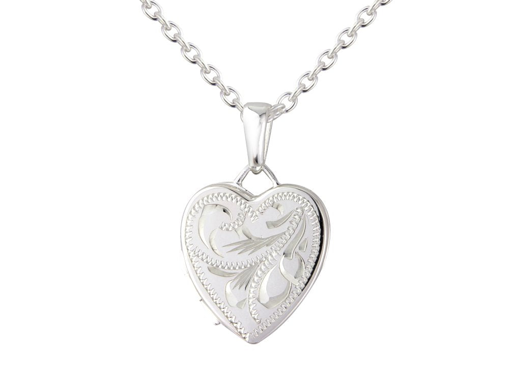 silver full engraved 15mm heart flat locket & 18" chain