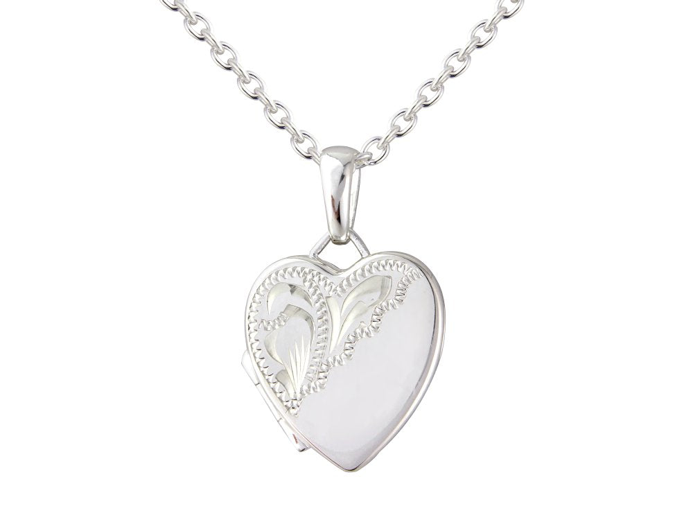 silver half engraved 15mm heart flat locket & 18" chain