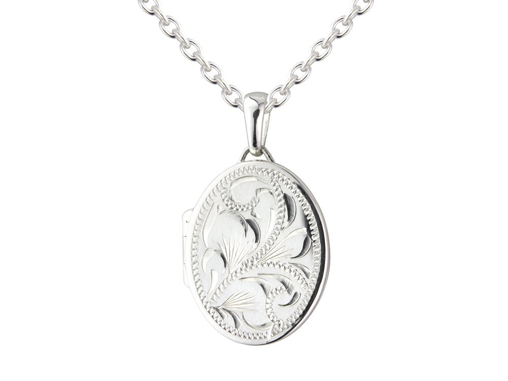 silver full engraved 16mm x 20mm oval flat locket &amp; 18&quot; chain