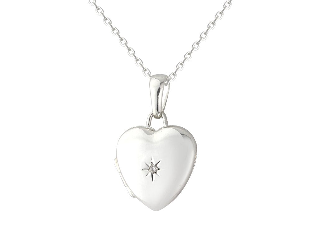 silver diamond set 13mm heart locket & 18" chain