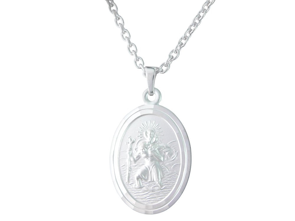Silver 22mm x 17mm oval St. Christopher &amp; 18&quot; chain