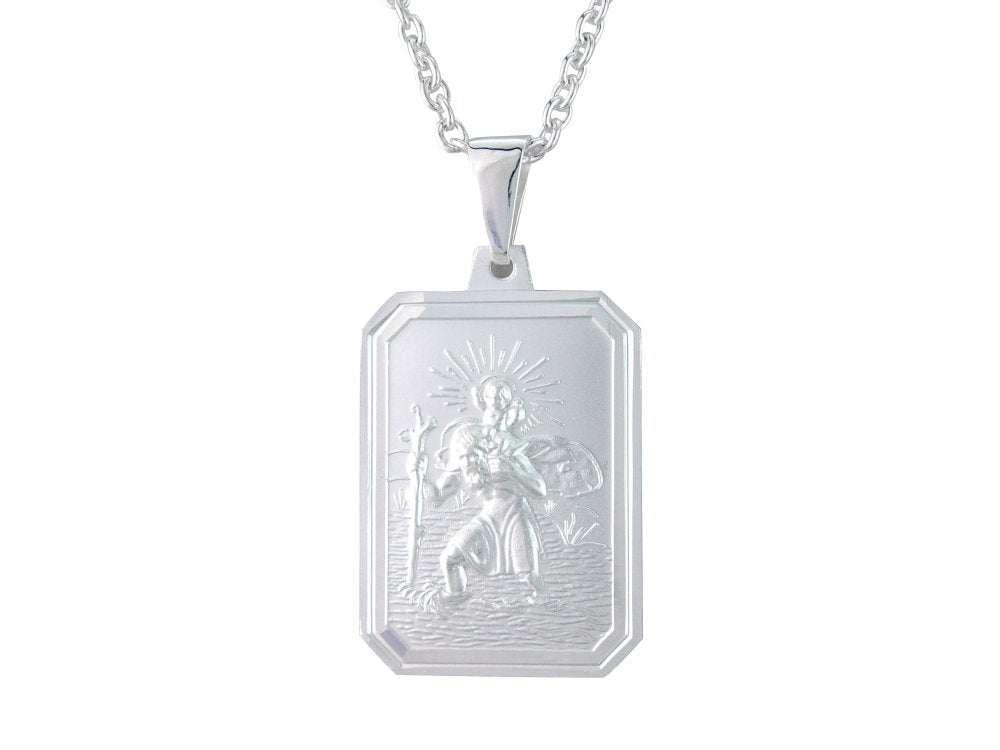 Silver  27mm x 20mm rectangular St. Christopher &amp; 20&quot; chain