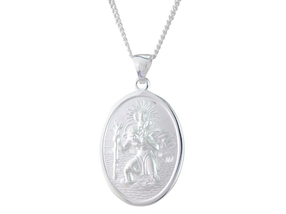Silver 27mm x 20mm oval St. Christopher &amp; 20&quot; chain