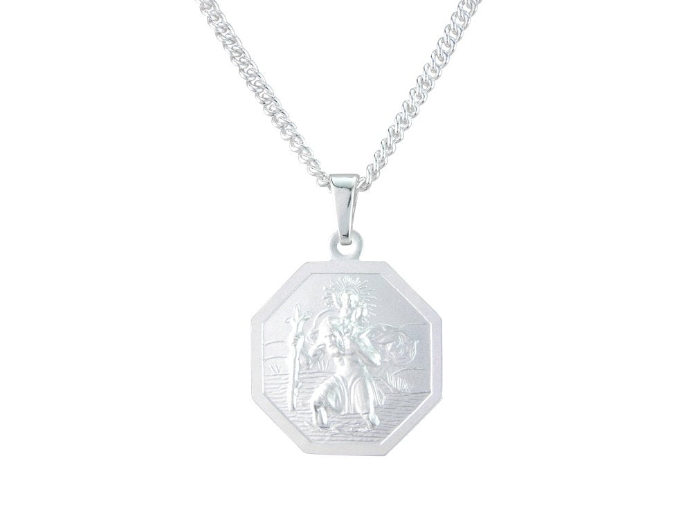Silver 16mm octagonal St. Christopher &amp; 18&quot; chain