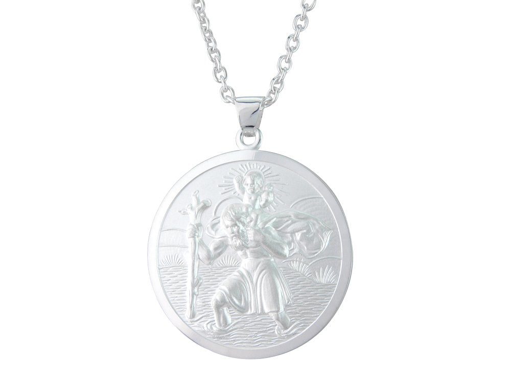 Silver 30mm round St. Christopher &amp; 20&quot; chain