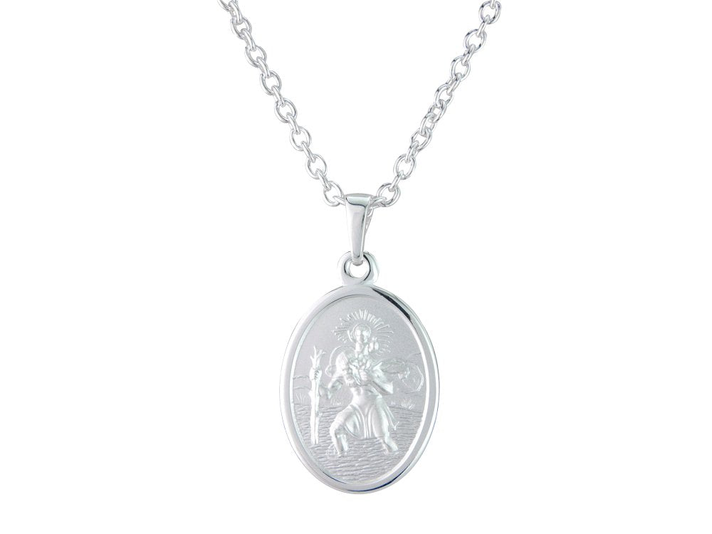 Silver 18mm x 14mm oval St. Christopher &amp; 18&quot; chain