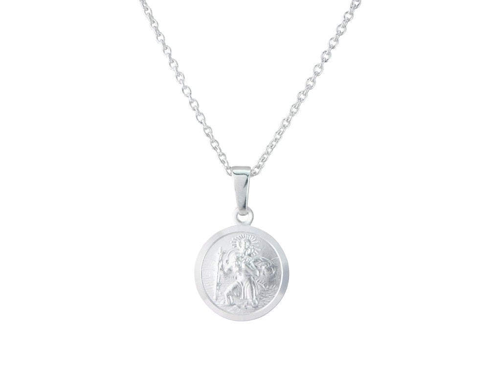Silver 12mm round double sided St. Christopher &amp; 18&quot; chain