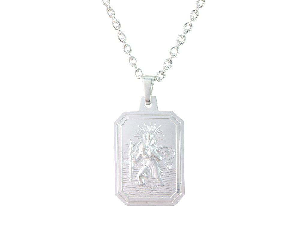 Silver 20mm x 15mm rectangular double sided St. Christopher &amp; 18&quot; chain