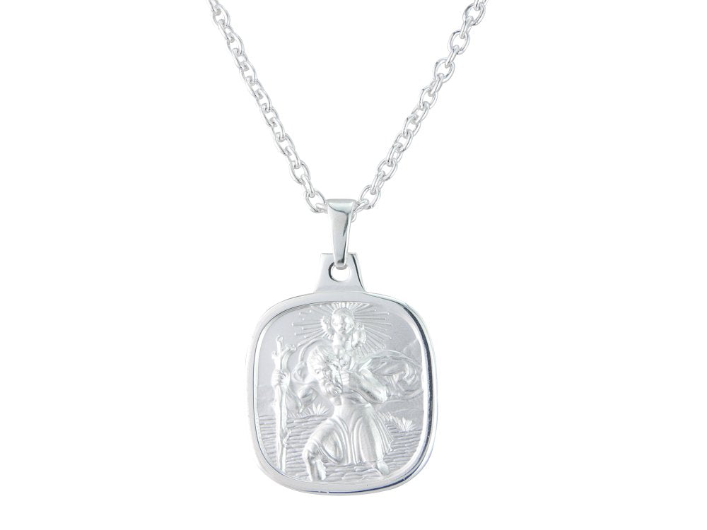 Silver 18mm cushion shape double sided St. Christopher & 18" chain