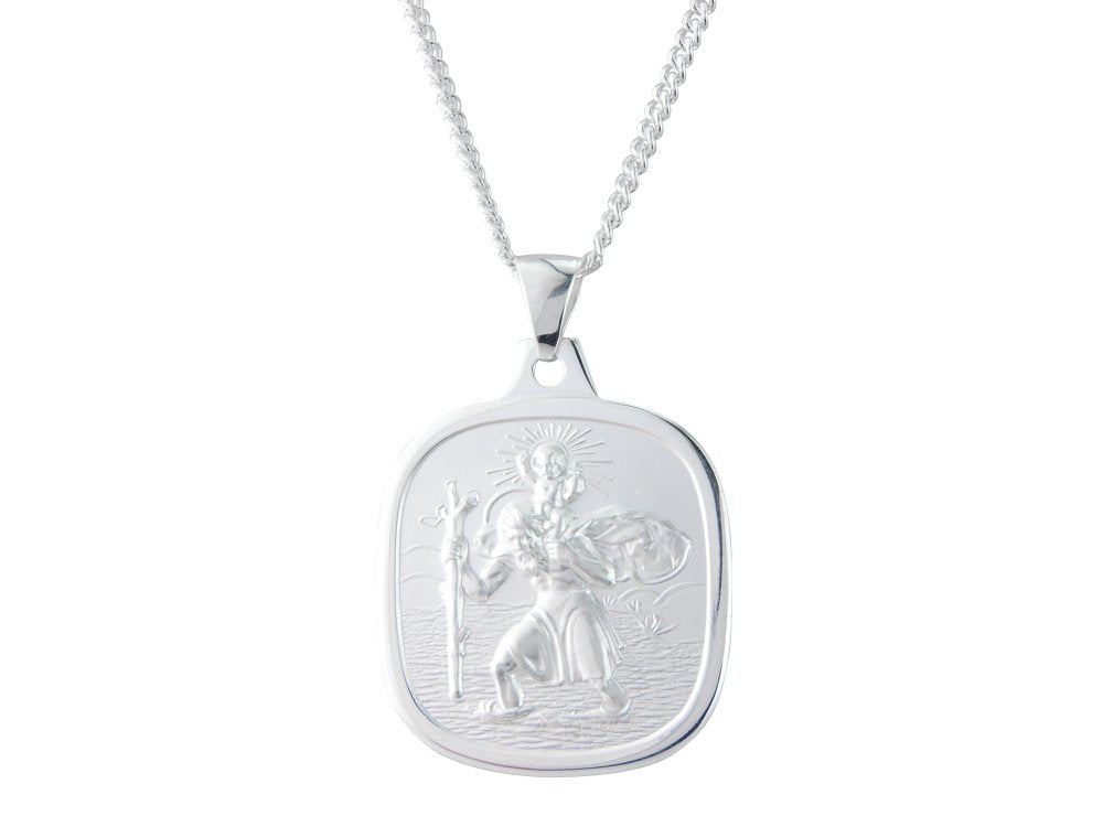 Silver 24mm cushion shape double sided St. Christopher &amp; 20&quot; chain