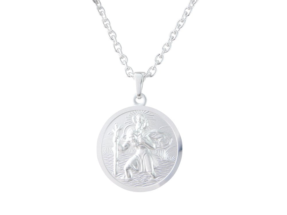 Silver 20mm round double-sided St. Christopher &amp; 18&quot; chain