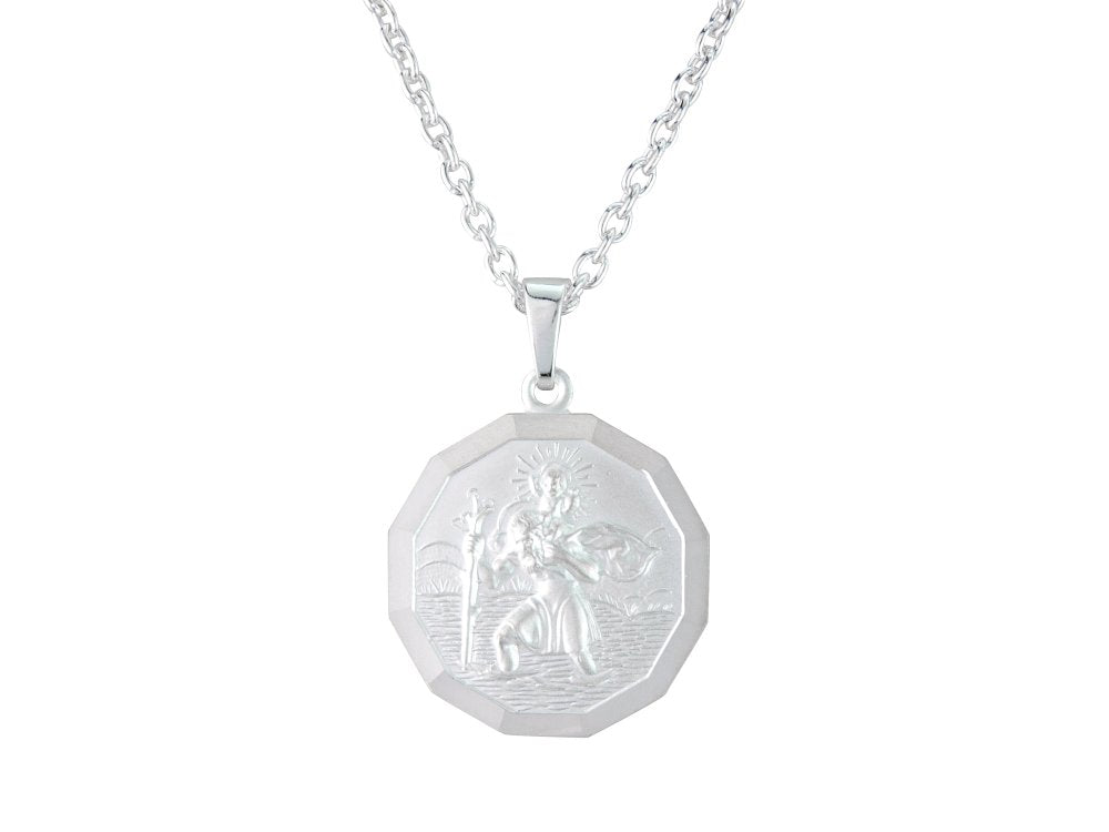 Silver 18mm round faceted St. Christopher &amp; 18&quot; chain