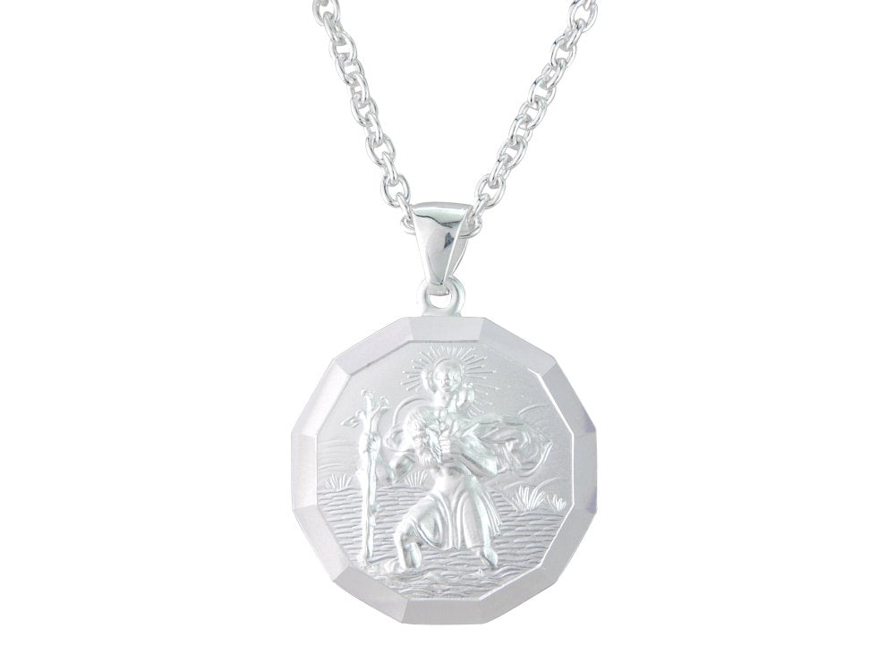 Silver 22mm round faceted St. Christopher &amp; 20&quot; chain