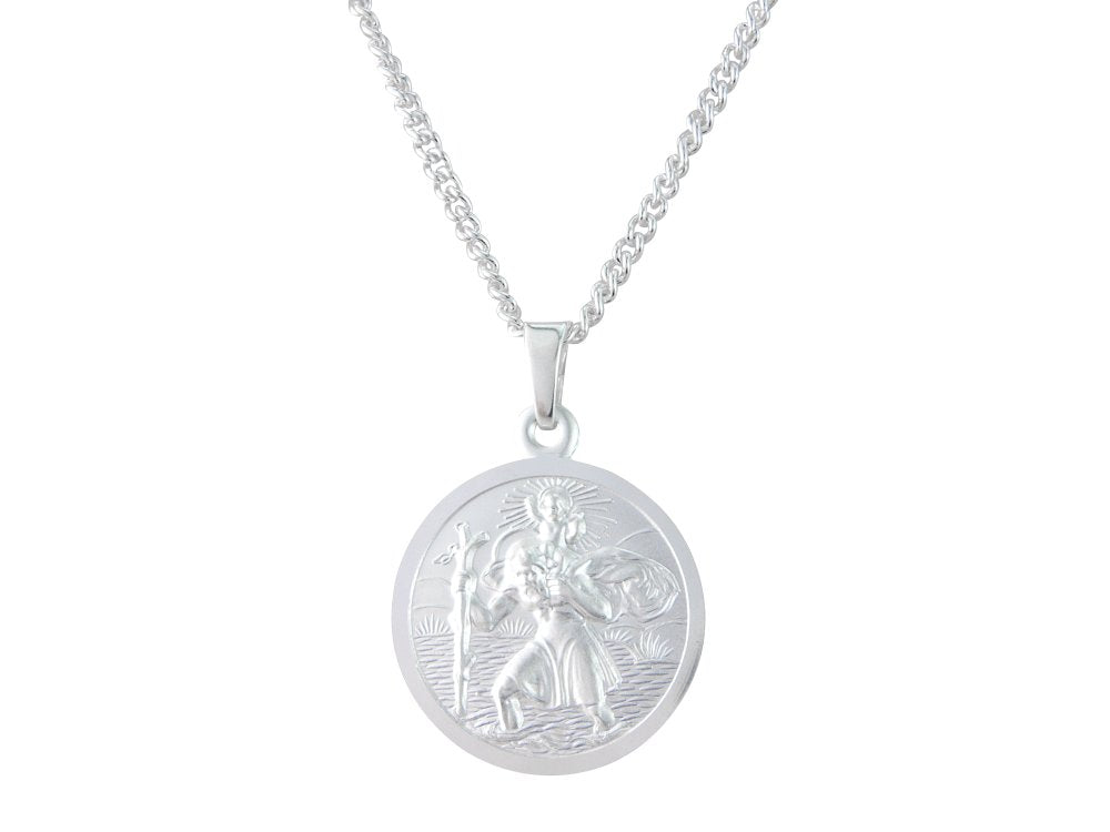 Silver 18mm round double sided St. Christopher &amp; 18&quot; chain