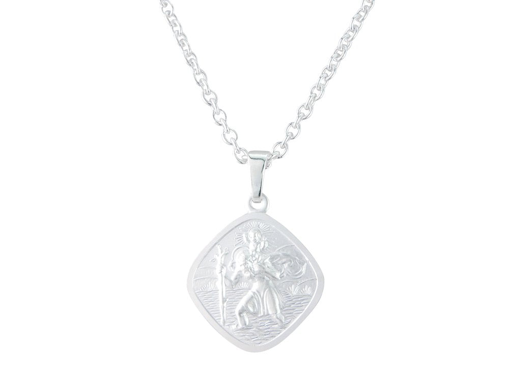 Silver 16mm cushion shape double sided St. Christopher &amp; 18&quot; chain