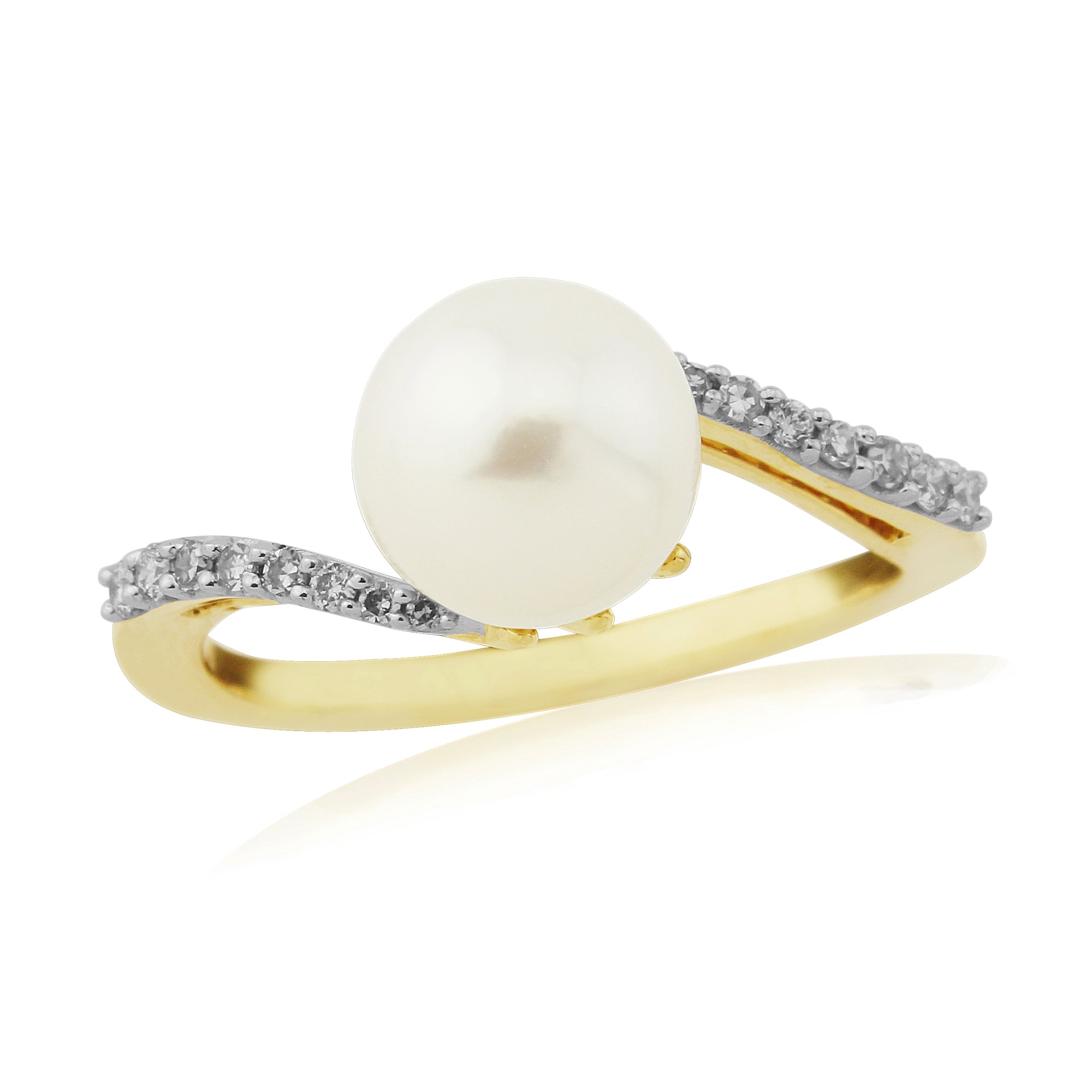 9ct gold 8mm cultured pearl & diamond crossover ring 0.11ct