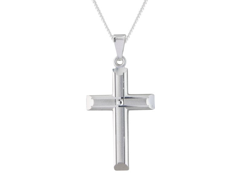 Silver frosted diamond cut cross & 18" chain