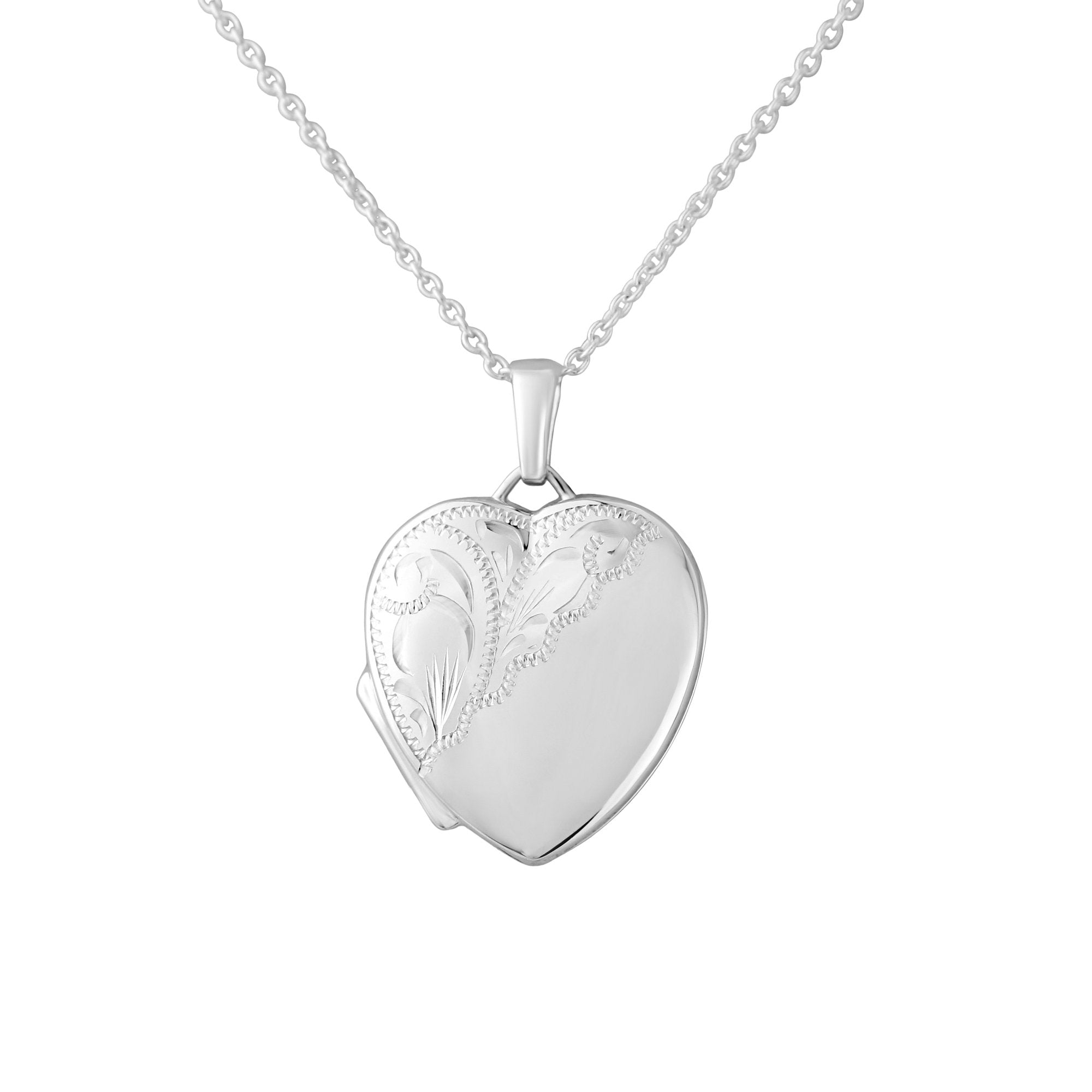 silver half engraved 20mm heart locket & 18" chain