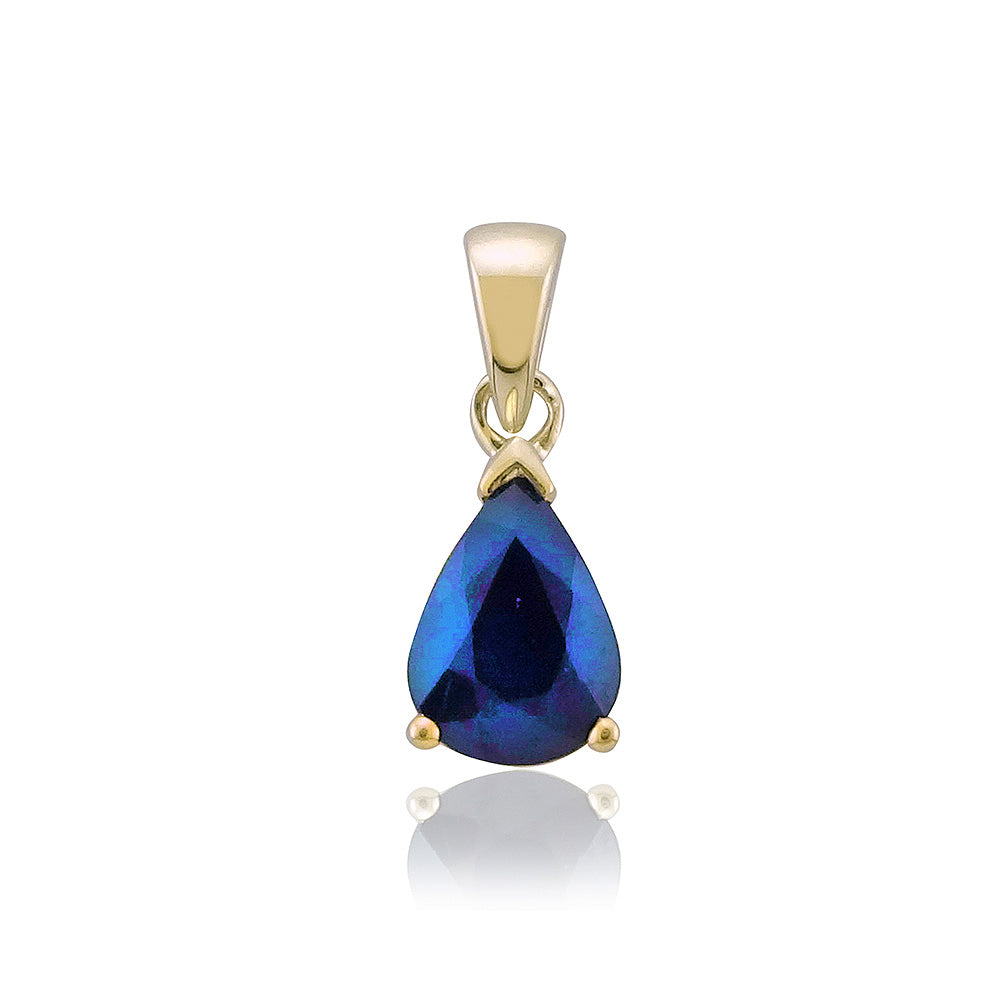 9ct gold 7x5mm pear shape sapphire claw set double gallery pendant