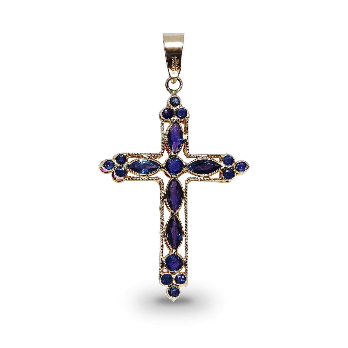 9ct gold double-sided 30mm (exc. bale) ruby & sapphire cross