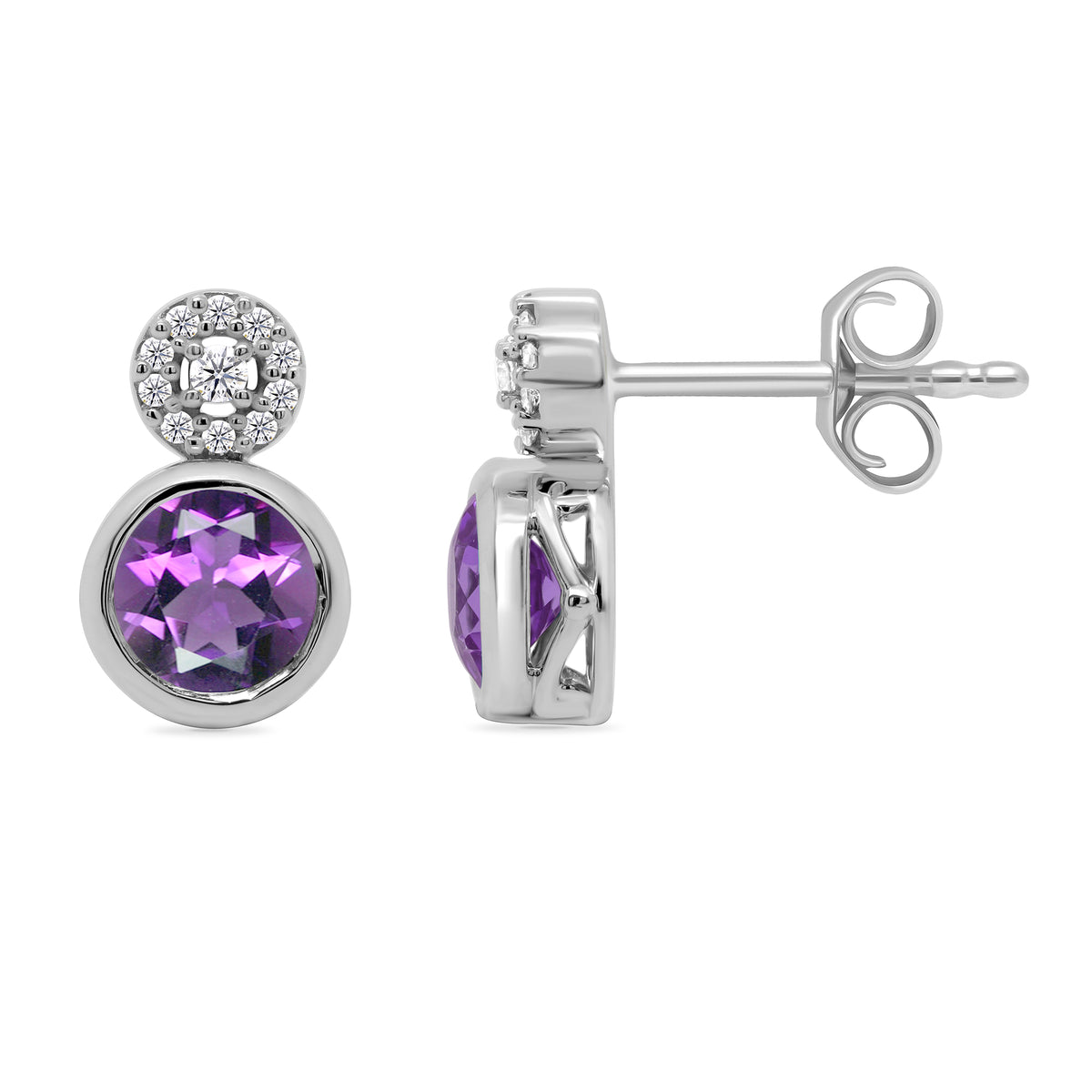 9ct white gold round amethyst &amp; diamond studs 0.08ct