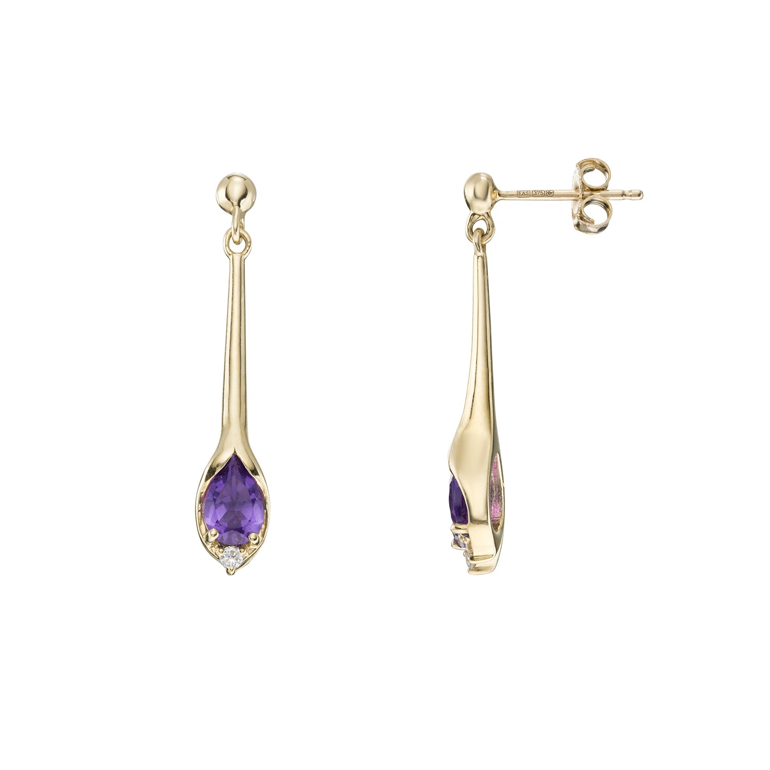 9ct gold 6x4mm pear shape amethyst & diamond drop earrings 0.03ct