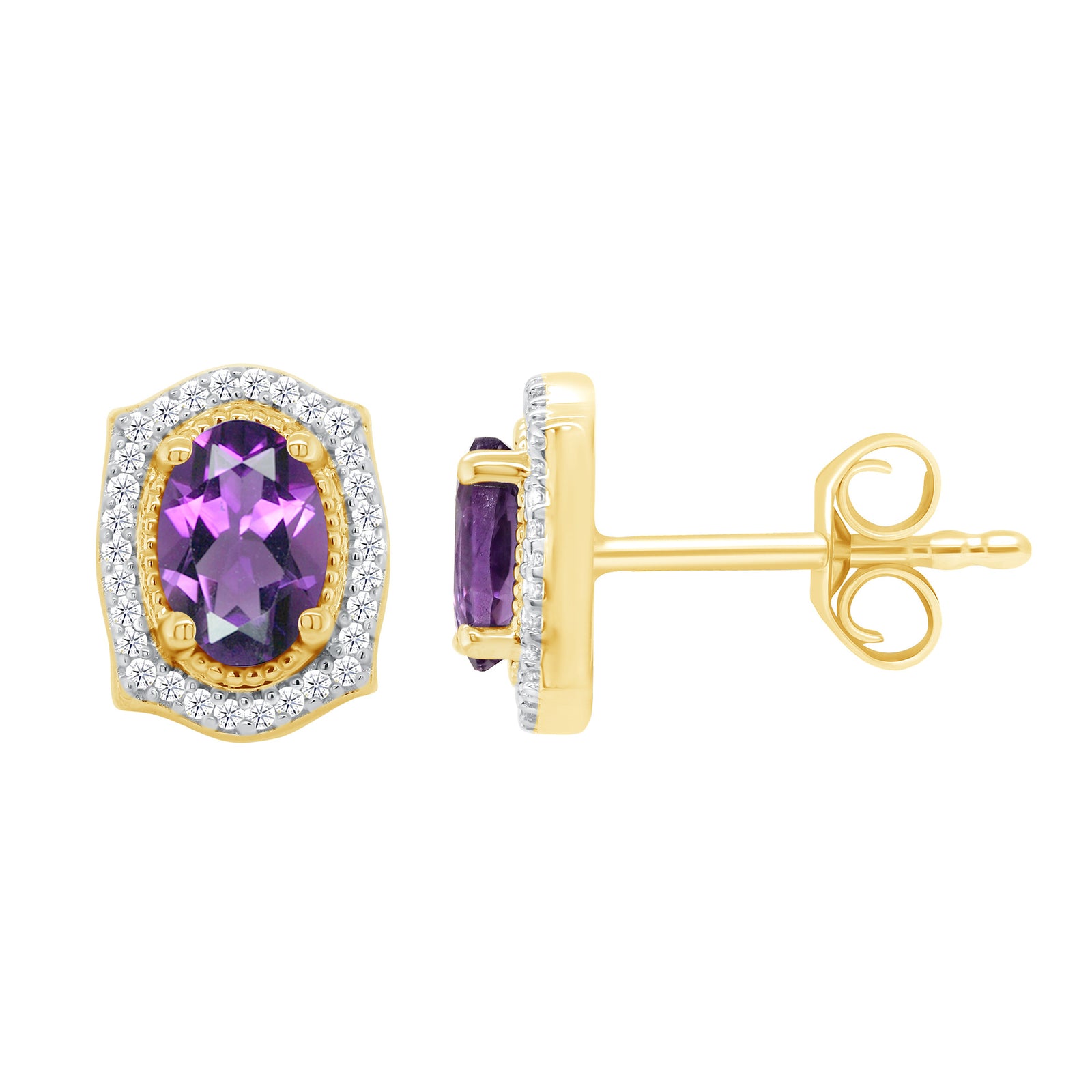 9ct gold amethyst & diamond cluster studs 0.12ct