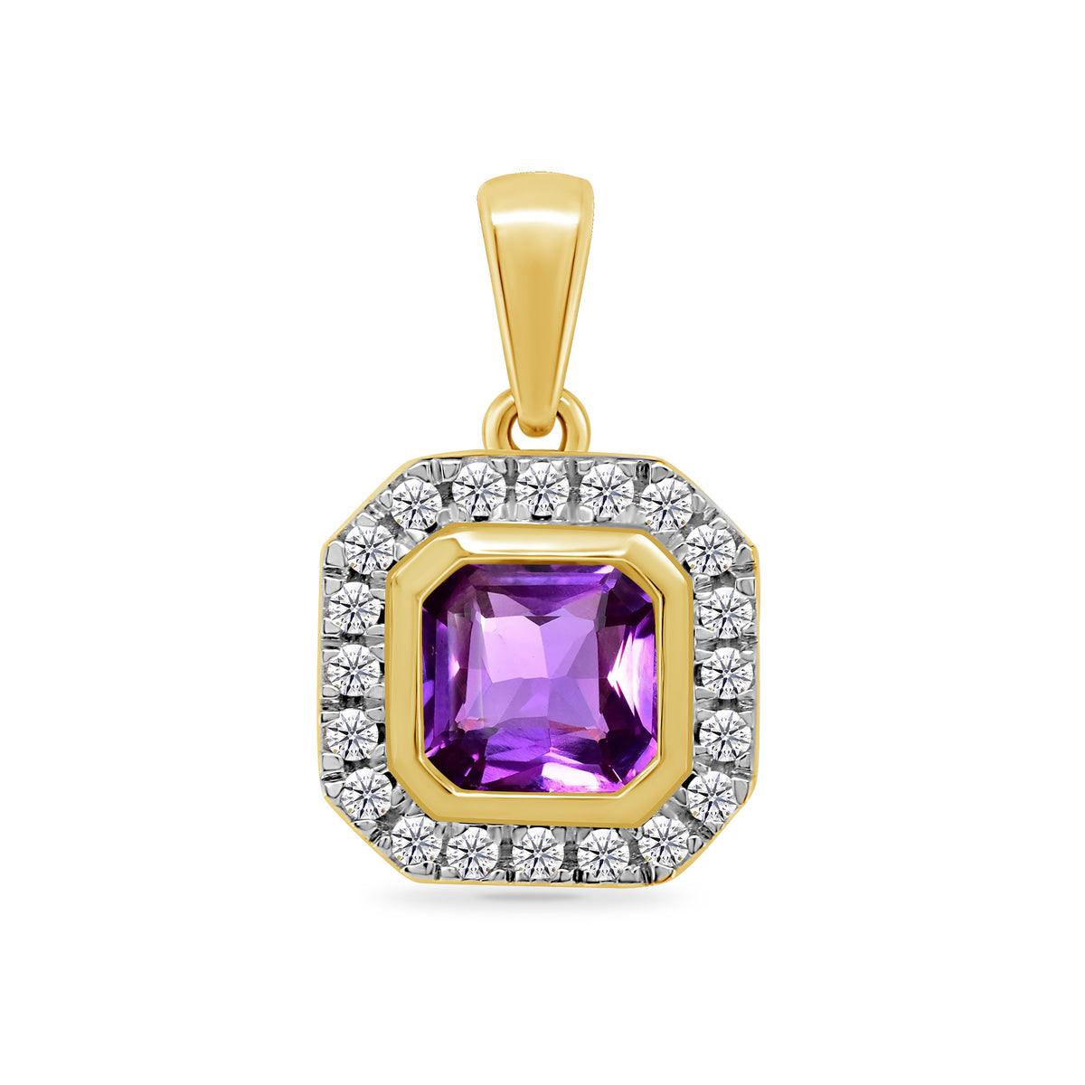 9ct gold 5mm square amethyst &amp; diamond cluster pendant 0.10ct