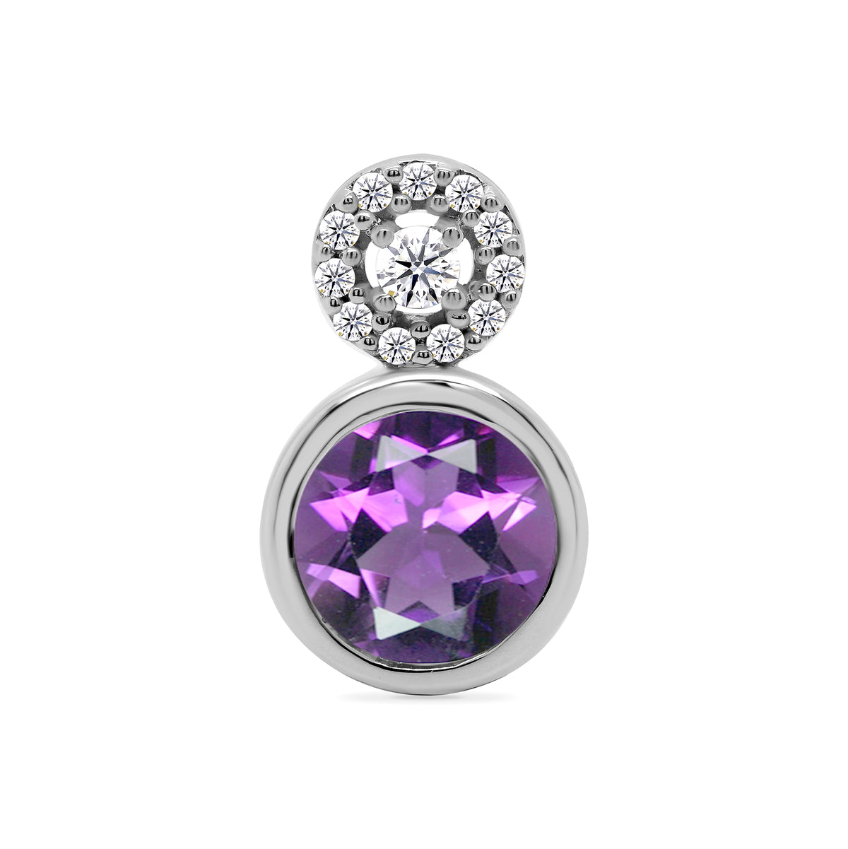 9ct white gold round amethyst &amp; diamond pendant 0.07ct
